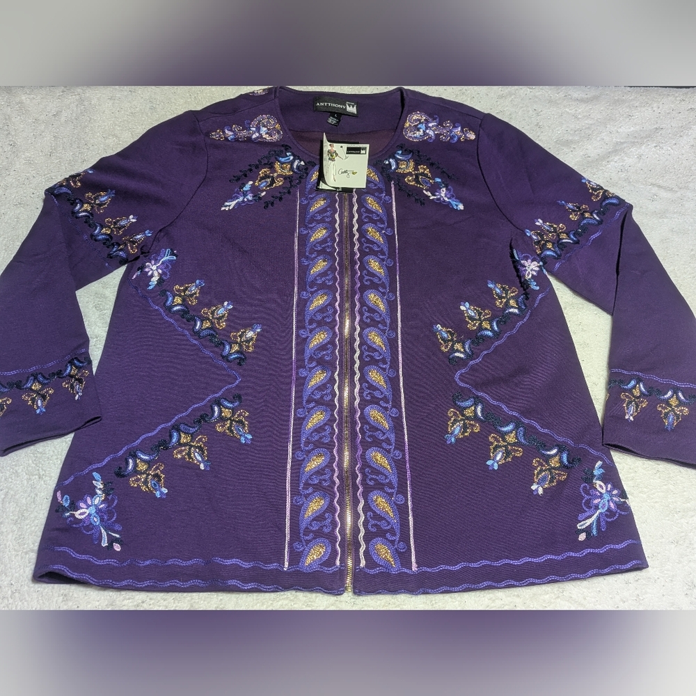 Antthony Originals Purple Embroidered Zip Cardigan Jacket Size L NWT
